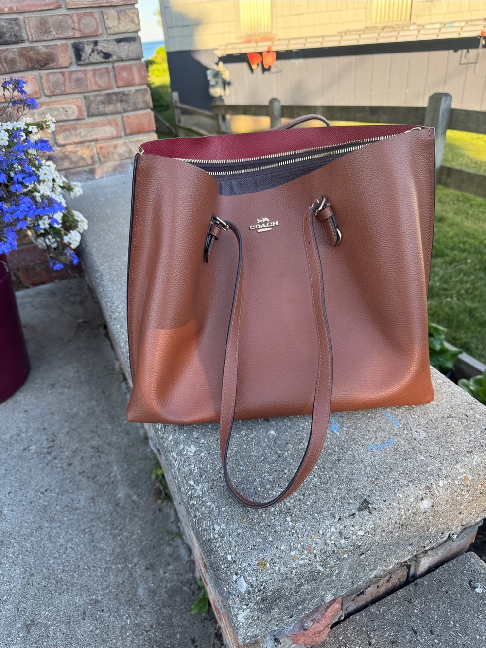 Coach Pebbled Leather Tote - Chestnut Brown with Burgundy Interior